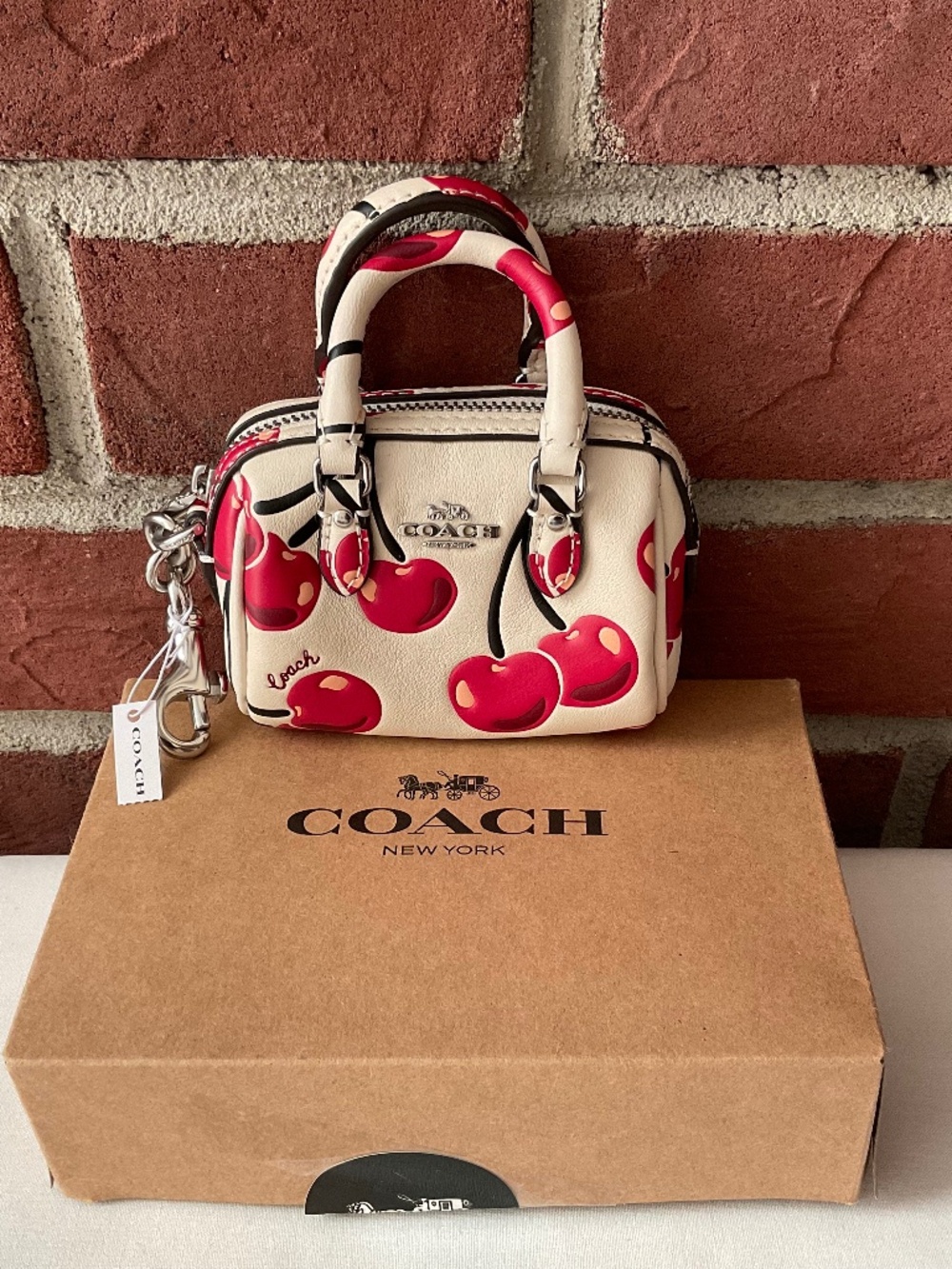 Coach Rowan Mini Bag Charm Cherry Print Leather Silver Hardware Multi NWT